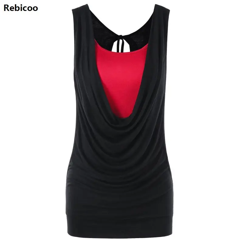 Beste Hals Faux Twinset Panel Cut Out Mouwloze Tank Top Vrouwen Zomer Kleding Mode Sexy Top Vrouwelijke Tanktop