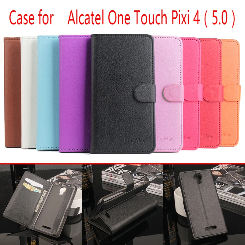 

For Alcatel One Touch Pixi 4 5.0 Phone Case Folio Flip Pure Color Lichee Pattern PU Leather Wallet Case Cover Cash/Card Slots