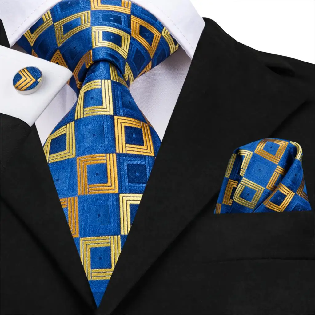 Hi-Tie Men Plaid Ties Blue Silk Checked Tie Set Pocket Square Cufflinks for Business Wedding Tie Gift Formal Wholesale