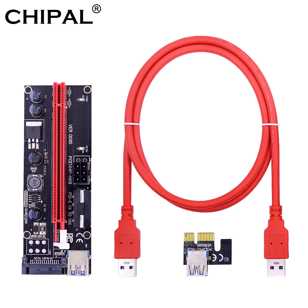 

CHIPAL New 100CM 009S PCI-E Riser Card 009 PCI-E 1X 16X 4Pin 6Pin SATA Molex Power USB 3.0 Data Cable for LTC Bitcoin Miner