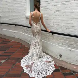 2019 Новая мода Vestido De Noiva вышитые кружева на сетке расшитые бисером Свадебные платья с круглым вырезом Русалка See Through спина подвенечное