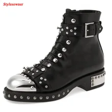 Stylesowner 2017 De Mode Rivets En Cuir Femmes Bottes Métal Bout Rond Lacé-up Buckled Bottines Britannique Style Chelsea Bottes