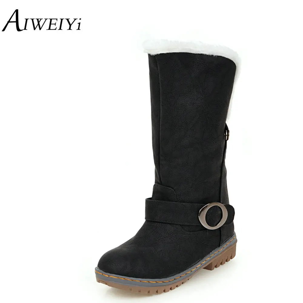 

AIWEIYi Fashion Cotton Boots Winter Women Mid-calf Boots with Fur Leather Slip On Ladies Shoes Plus Size 34-46 Snow Boots