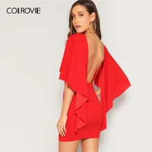 COLROVIE красное однотонное платье с рюшами, с открытой спиной, с рукавами-плащами, облегающее сексуальное платье для женщин, лето, облегающее, гламурные, вечерние, короткие платья