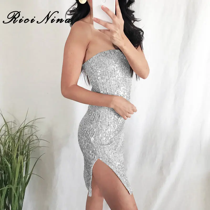 RICININA 2019 Women Summer Dress Ladies Strapless Sleevless Sequins Slit Mini Dresses Woman Casual Sexy Party Dresses Vestidos