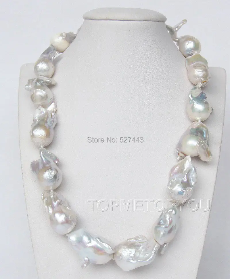 

Wholesale free shipping >natural 31mm white baroque Reborn Keshi pearls necklace 32