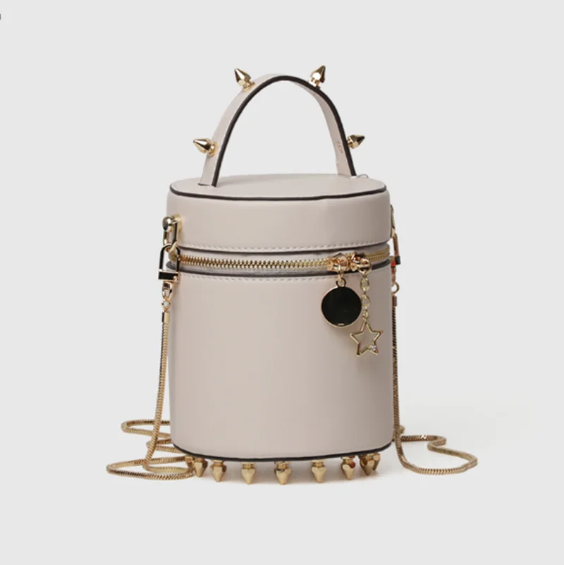 

Ladies Luxury Designer New 2019 Leather Mini Fashion Bucket Bag Chain Shoulder Bag Rivet Messenger Bag 5 Colors