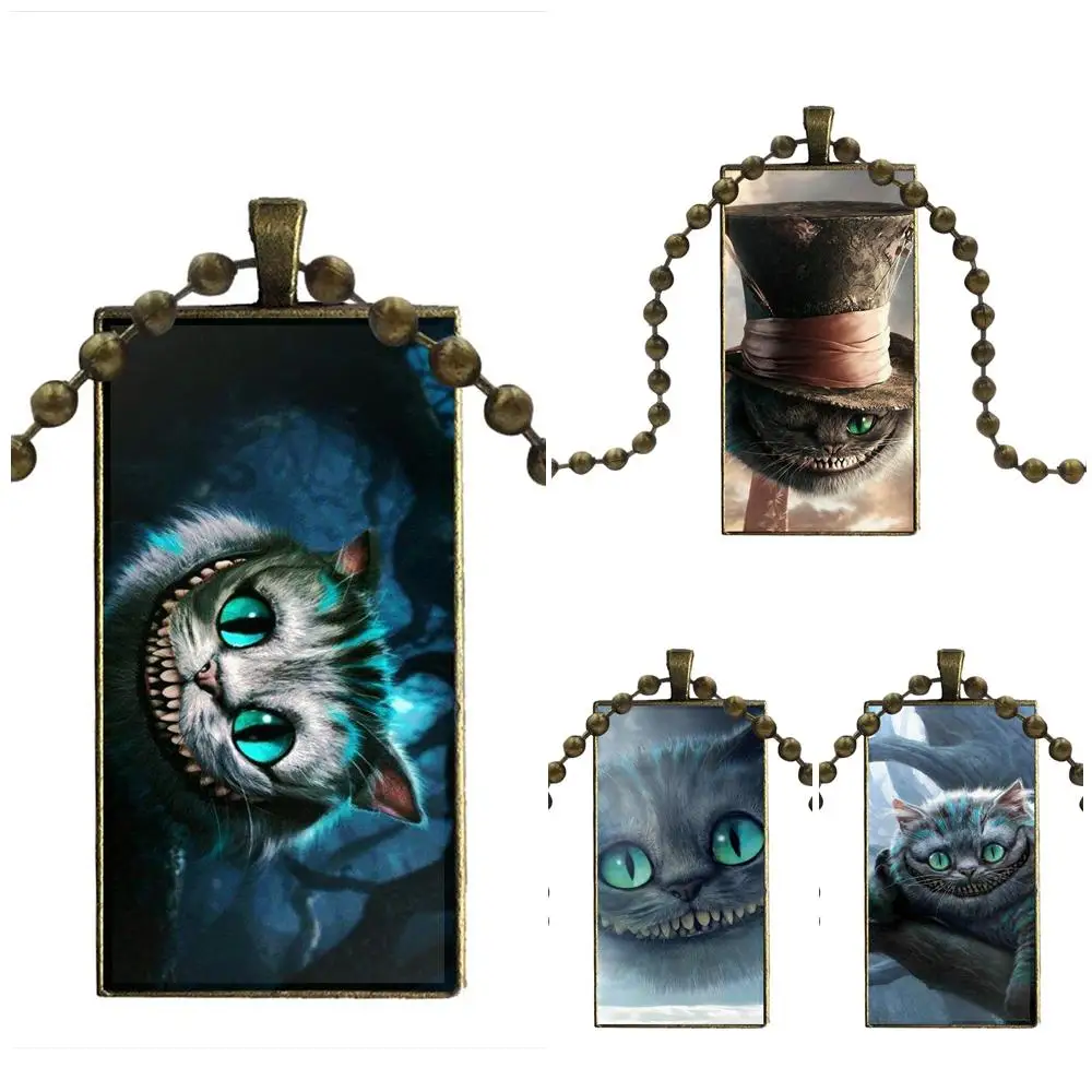

For Unisex Alice In Wonderland Cheshires Cat Glass Pendant Galaxy Pendant Necklace Women Bronze Plated Necklaces Jewelry