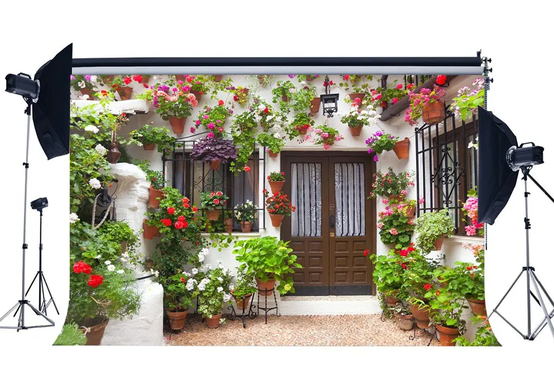 Rural Countyard Backdrop Blooming Fresh Flowers Backdrops Shabby Wood Door Green Plants Weathered Background | Электроника