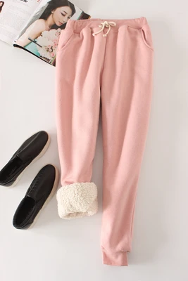 Зимние кашемировые теплые штаны-шаровары, женские бархатные плотные штаны из овечьей шкуры, свободные, размера плюс, одноцветные Хлопковые женские теплые штаны для бега - Цвет: Pink