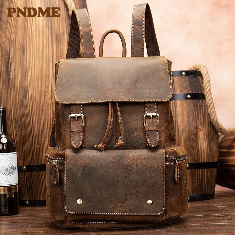 

Backpack crazy horsehide men's and women's flip-back backpacks retro 14-inch laptop backpacks