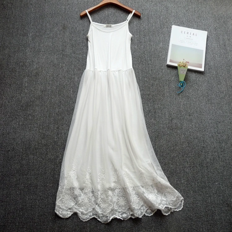 

Lace embroidery mesh patchwork Modal tank spaghetti strap dress 2019 spring