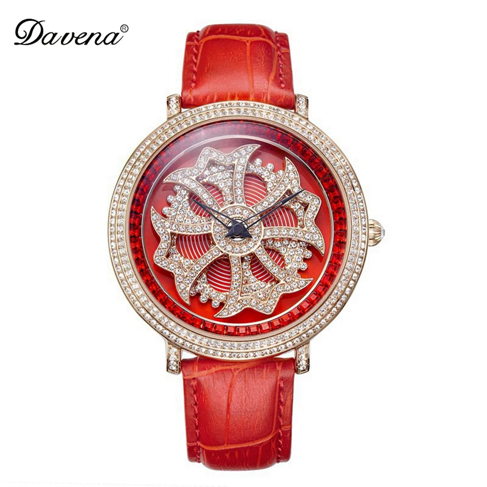 Ladies Luxury Bling Rhinestone Genuine Leather Rotate Flower Watches Women Quartz Watch Waterproof Best Quality Gift Davena Top