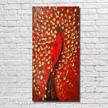 

100%Hand Painted Abstract Golden Flower Tree Oil Painting On Canvas Modern Home Decor for Living Room no Framed Red Background