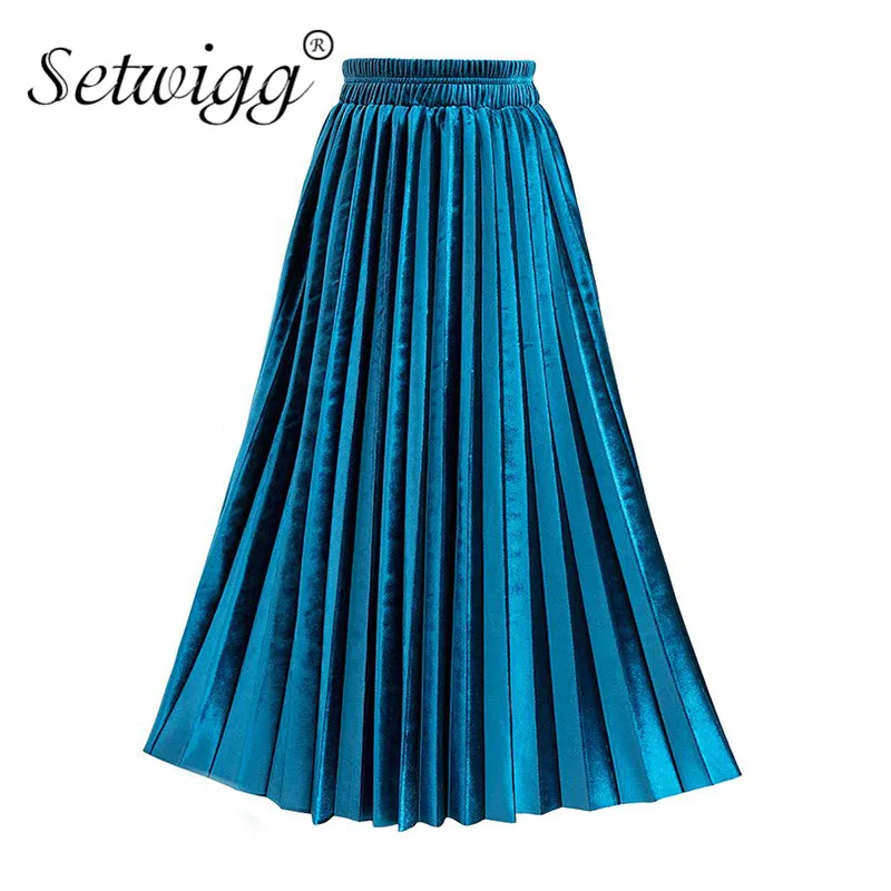 

Autumn Winter Stretch Waisted Metallic Velvet Long Pleated Skirts Solid Pleuche Shiny Elegant Mid-calf Long Skirts Blue Green