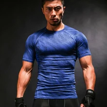 Blue Cracked Stripe O-neck Short Sleeve TShirt Fitness Exercise Slim Compression Highlights Muscle Leisure Breathable Quick Tops