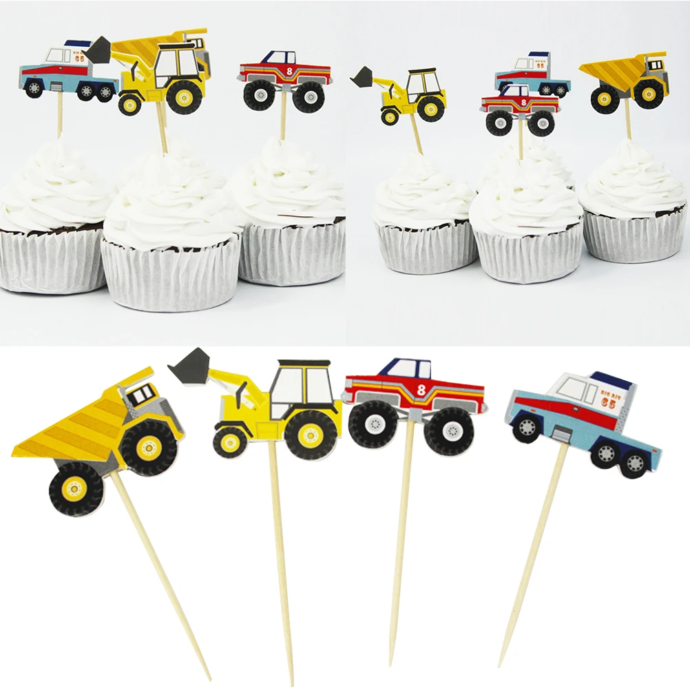 

24pcs Tractors Forklift Cake Decorating Topper Insert Card Cake Topper Cupcake Toppers Picks Birthday Party Decorations Decor