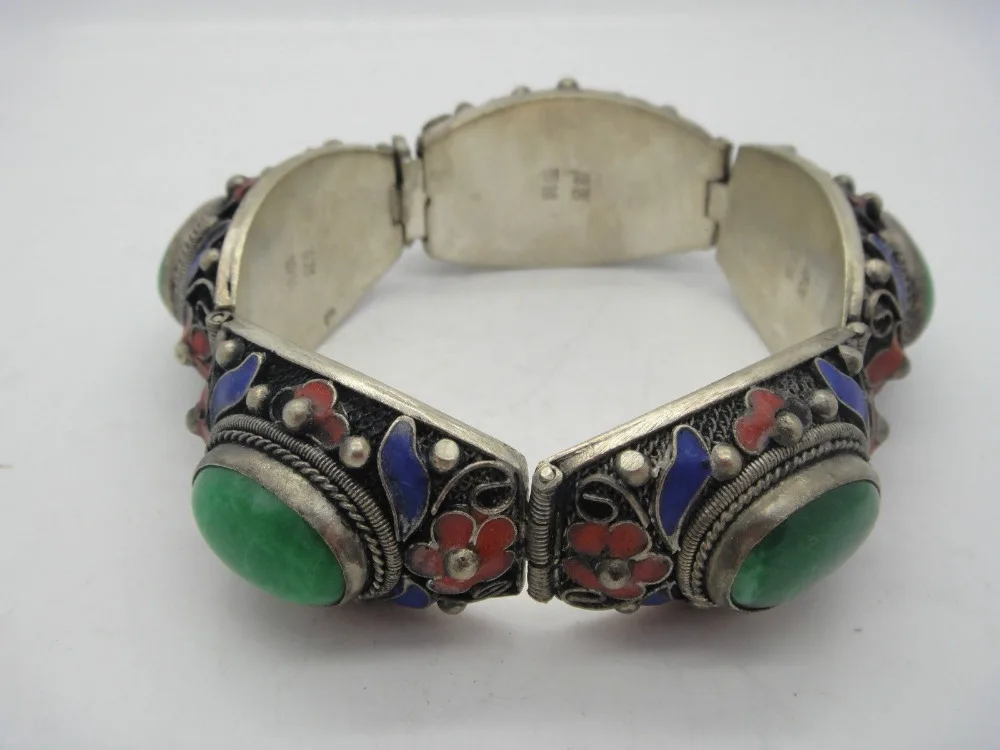 

tibet Handwork inlay 5 green Jade Cloisonne Red Flower bracelet^^@^18K GP style Fine jewe Noble Natural jade SHIPPING