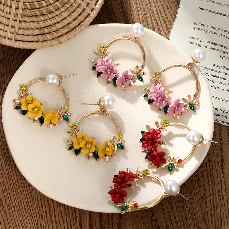 

Pearl Earrings Rose Flower Petal Big Hoop Earrings Round Earrings For Women Colorful Girl Romantic Earrings Jewelry Metal