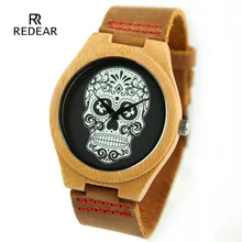 Redear New Skull Collection Natural Wood Watches Men Leather Lovers Luxury Wristwatch Women Bamboo Wood Watch as Gifts