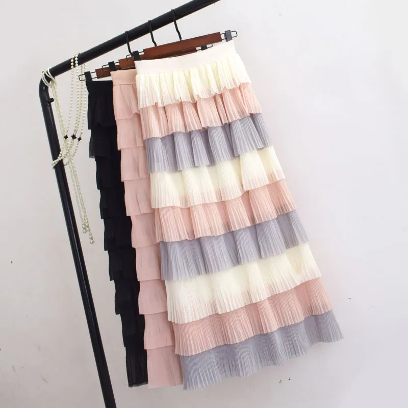Women Fashion Chiffon Cake Skirt Summer High Waist Elastic multi color