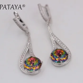 

PATAYA RU Women Party Wedding Exquisite Jewelry AB Multicolor Round Natural Zircon Drop Earrings True White Gold Long Earrings