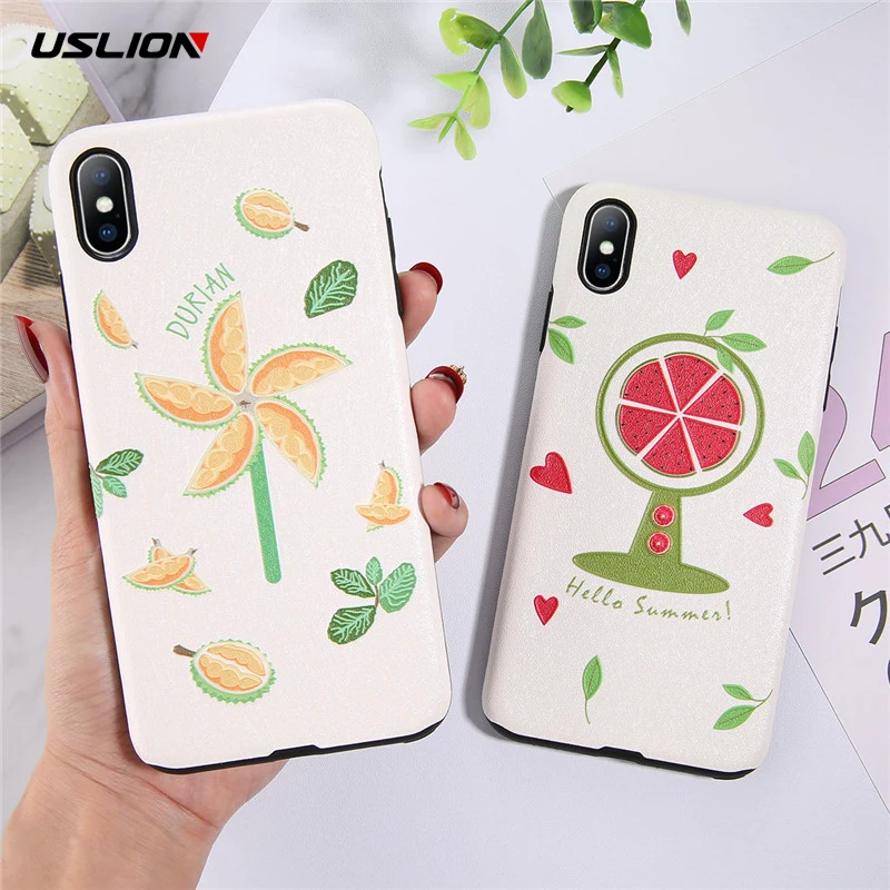 

USLION Silk Lines Fruit Mobile Phone Cases Cover For Iphone 6 6S Plus 7 8 7Plus X XR XS MAX Cute Leaves Patterned Soft Back Case