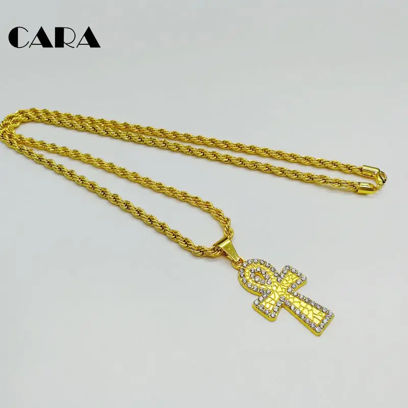 Золотой цвет CARA ледяной Bling Стразы Крест АНХ ожерелье кулон египетская религия жизни крест ожерелье CARA0411 - Окраска металла: Золотой цвет