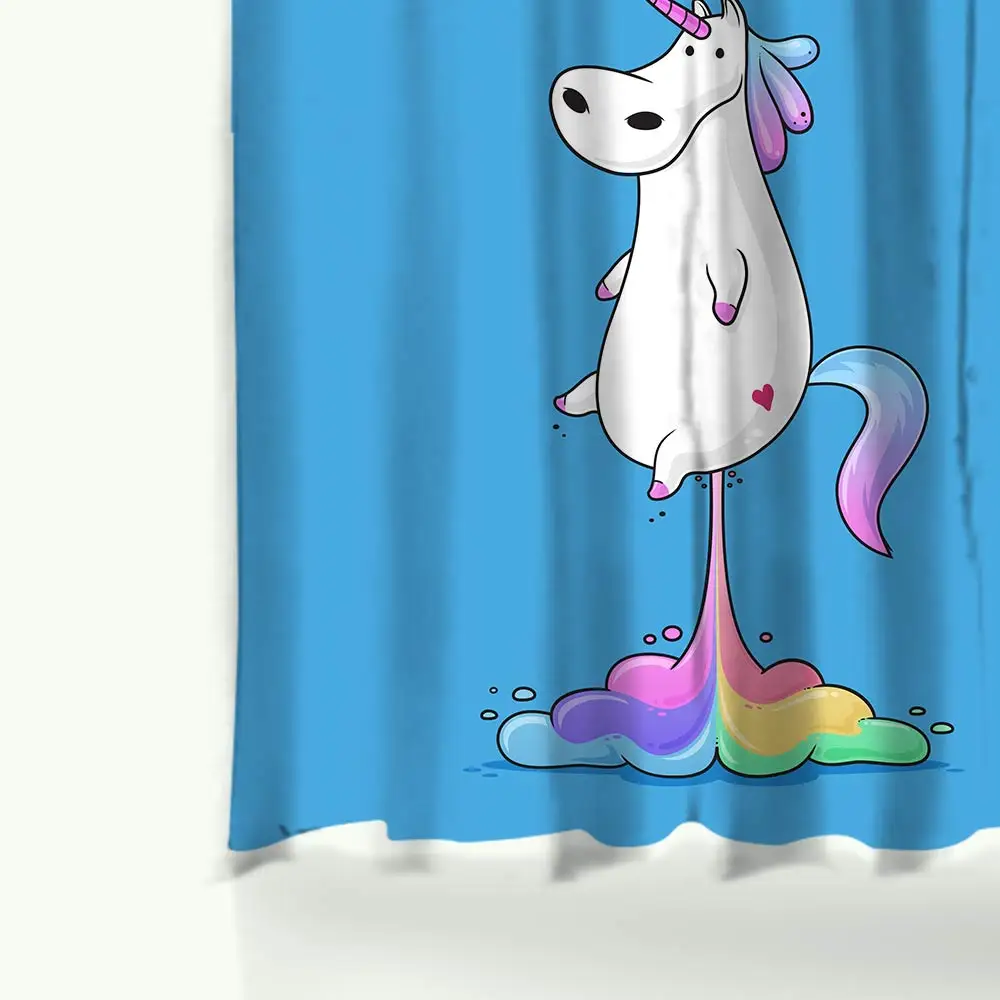 Rainbow Fart Fat Unicorn Bathtub Curtain Plastic Rings Hooks Mildew Resistant Polyester Shower Curtain Mat Set