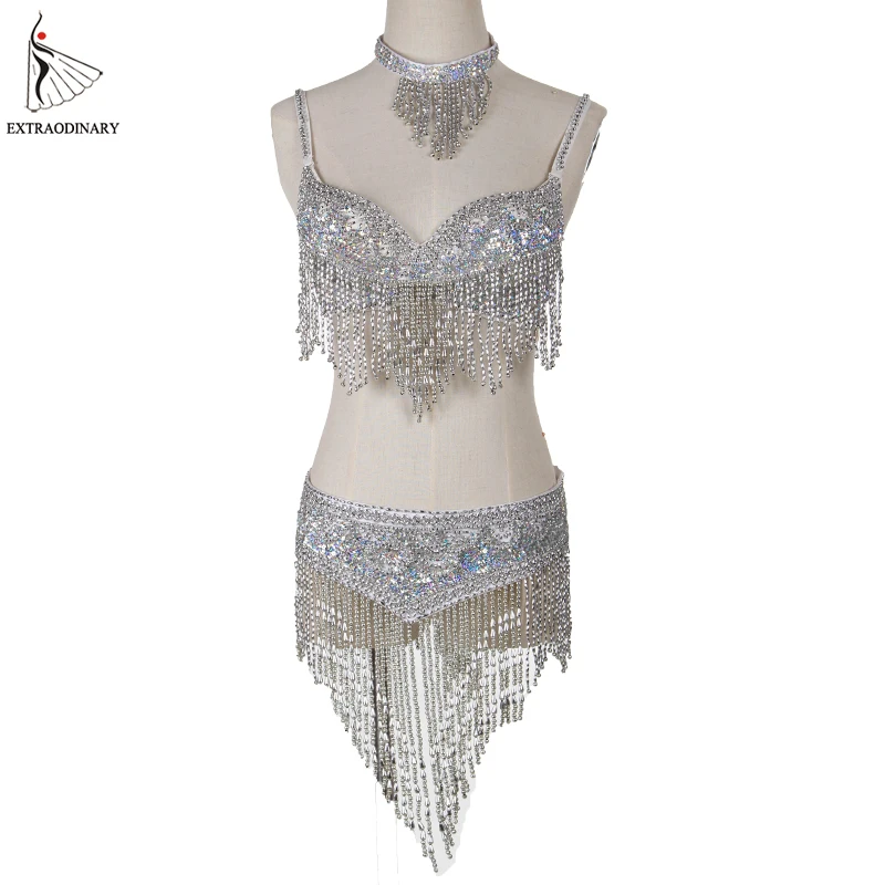 

New Women Belly Dance Costume Set Carnival Bellydance Beaded Top Belt Adjustable Oriental Bra Hip Scarf With Necklace 2pcs