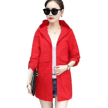 

IOQR KJV Large Size 6XL Female Windbreaker 2019 New Summer Sunscreen Women's Jacket Loose Solid Hooded Thin Coat Casual Top L295