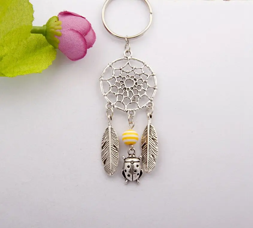 Dream Catcher Feather Beads Ladybug Charm Rotation Fit Keychain DIY Key
