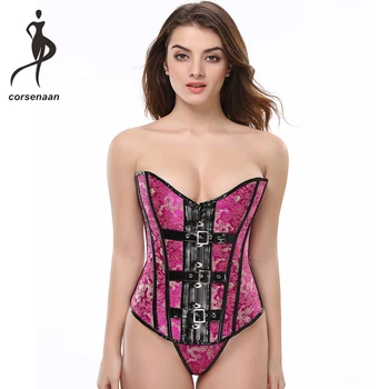 

Rose Pink Women Waist Cinching Body Shapwear Burlesque Corselet Retro Brocade Korset PVC Corset With G String 836#