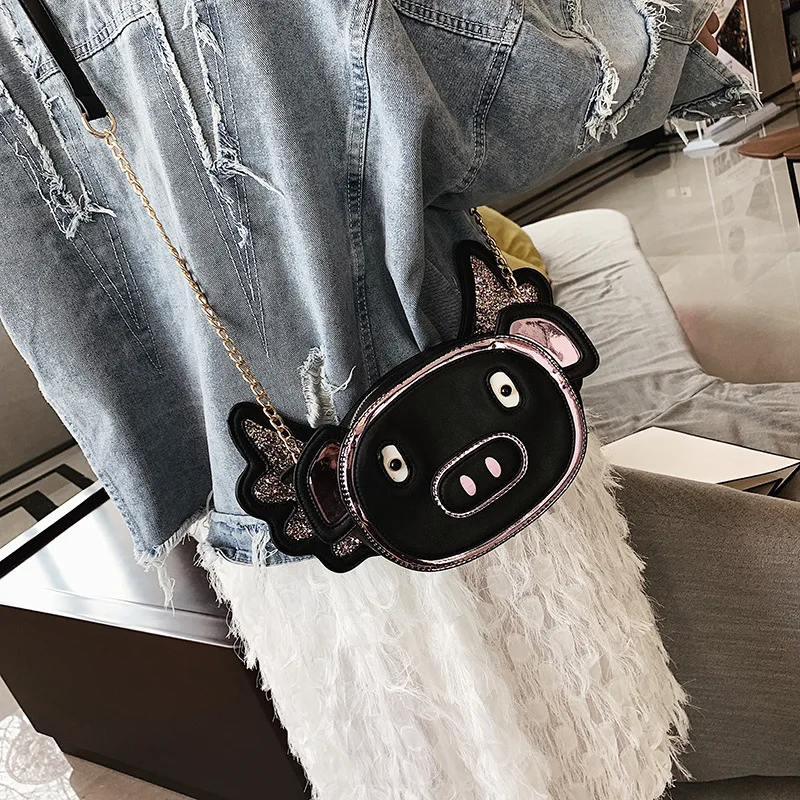 

Round Designer Crossbody Bag For Women 2019 PU Leather Chains Shoulder Bags Ladies Cute Pig Small Handbags Mini Tote Bag
