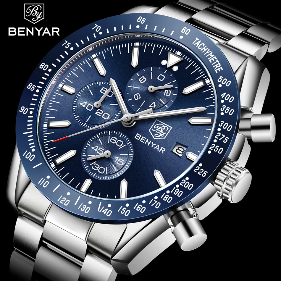 

BENYAR Luxury Brand Casual Business men' watches Stainless Steel Waterproof Sports Quartz Chronograph Military Mens Watch Clock