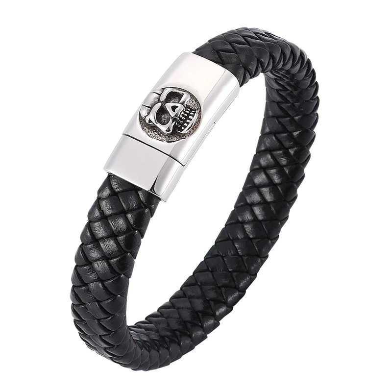 

Fashion Man Jewelry Braided Leather Bracelet Skull Head Bracelet Stainless Steel Magnetic Clasps Male Wrist Band Gifts BB0317