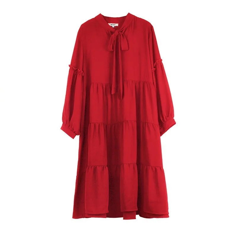 

LANMREM 2019 Women Spring Autumn Big Size Clothes Fashion Pullover Bow Bandage Split Joint Solid Color Chiffon Dress TB203
