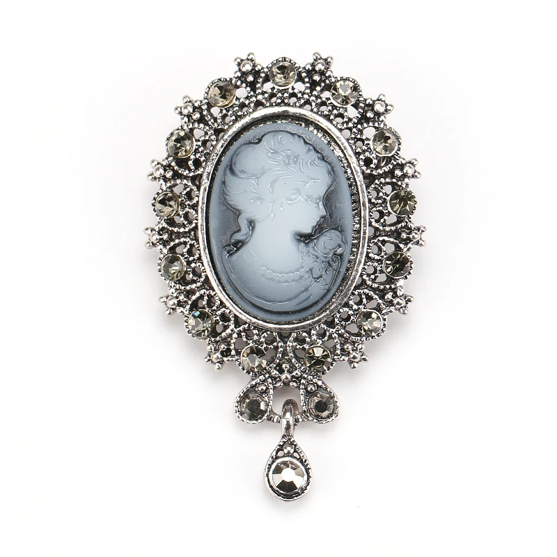 

Vintage Style Water Drop Vintage Queen's Cameo Crystal Brooch Pins for Women in Antique Gold Silver color
