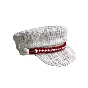

Vogue White Tweed Military Hat Winter beret for Women Flat Top Red Braid Army Cap Ladies Headwear Head Covering Newsboy Cap