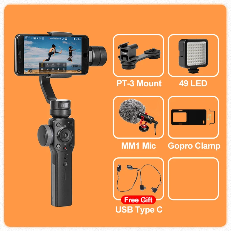 ZHIYUN Smooth 4 3 оси смартфон ручной карданный стабилизатор steadicam для iphone 6 X Экшн-камера huawei P20 Pro Gopro4 SJCAM - Цвет: w Mount MM1 LED Clip