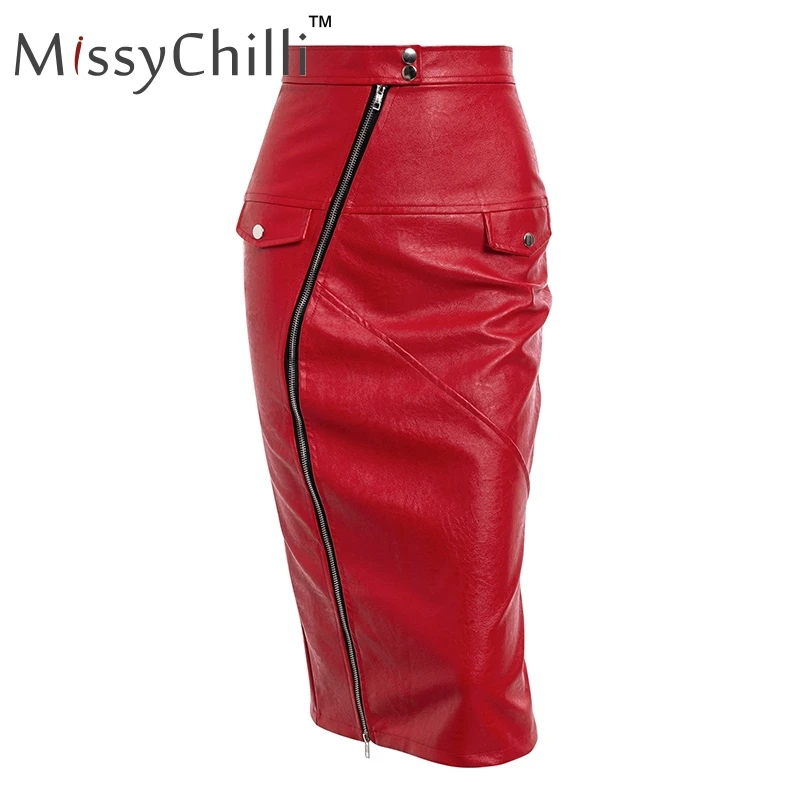 MissyChilli, сексуальная облегающая юбка с разрезом, высокая талия, женская летняя красная юбка на пуговицах, женские элегантные вечерние длинные кожаные юбки - Цвет: Красный
