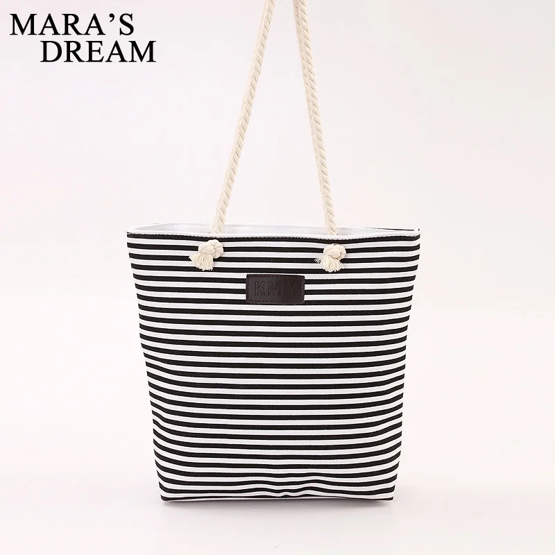 Mara's Dream Fashion Canvas Unisex Stripe Women Zipper Handbag Strap Coffee Shopping Bag Shoulder Bag Lady Bags