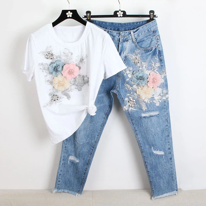 

Women 2019 2Pcs Summer Stylish Embroidery 3D Flower Short Sleeved Tshirt+Heavy Work Jean Rippered Hole Denim Pants Suit