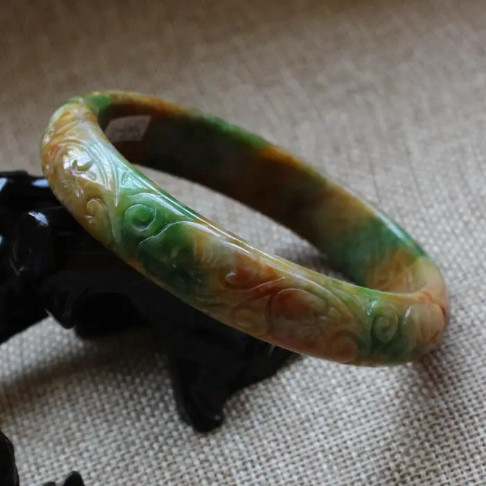 

A6008 Chinese Hand-carved Brown Green Jadeite Jade Gems Bracelet Bangle 59mm 10.20 40