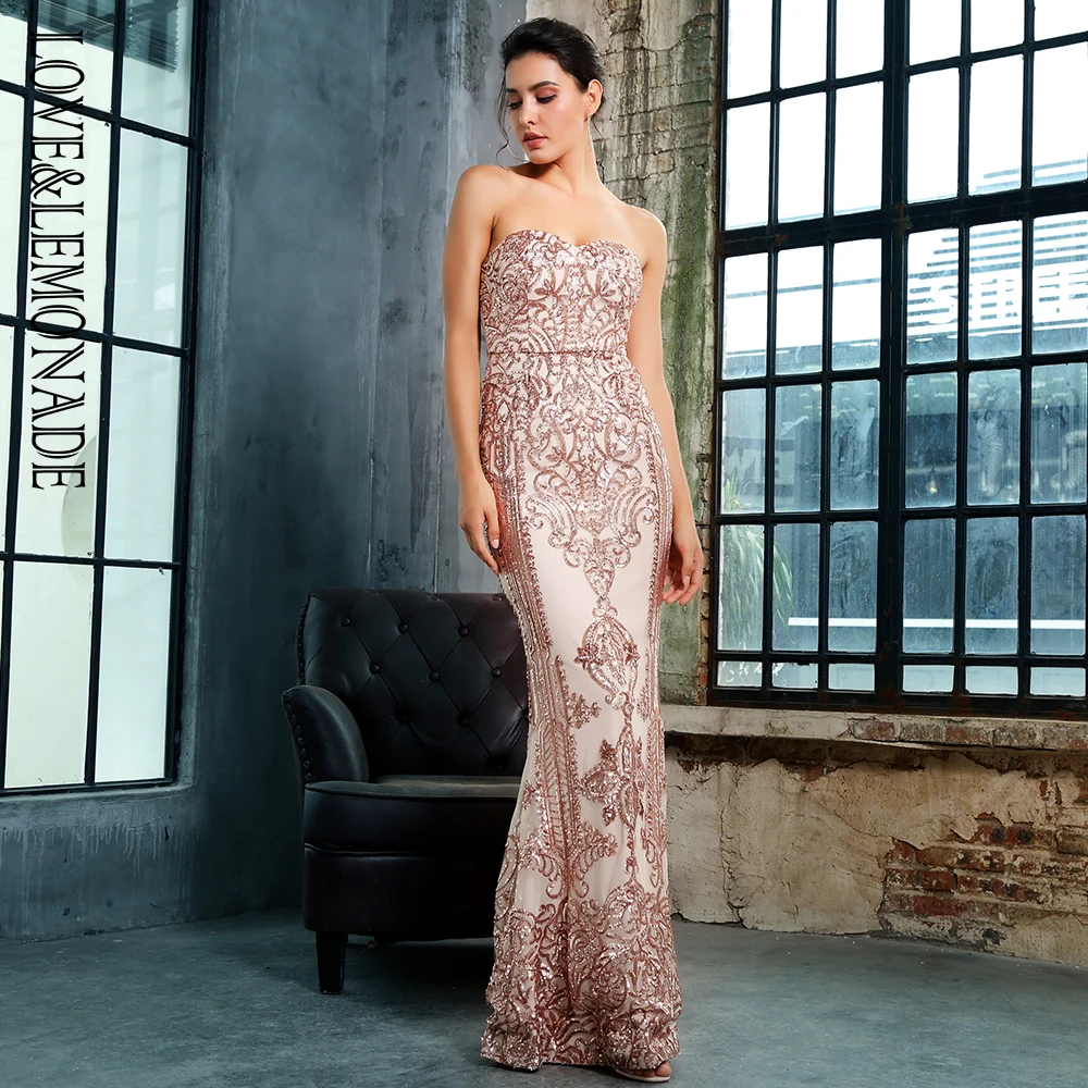 Love&ampLemonade . Gold Tube Top Fishtail Shape Geometric Sequins Long Dress LM81342 | Женская одежда