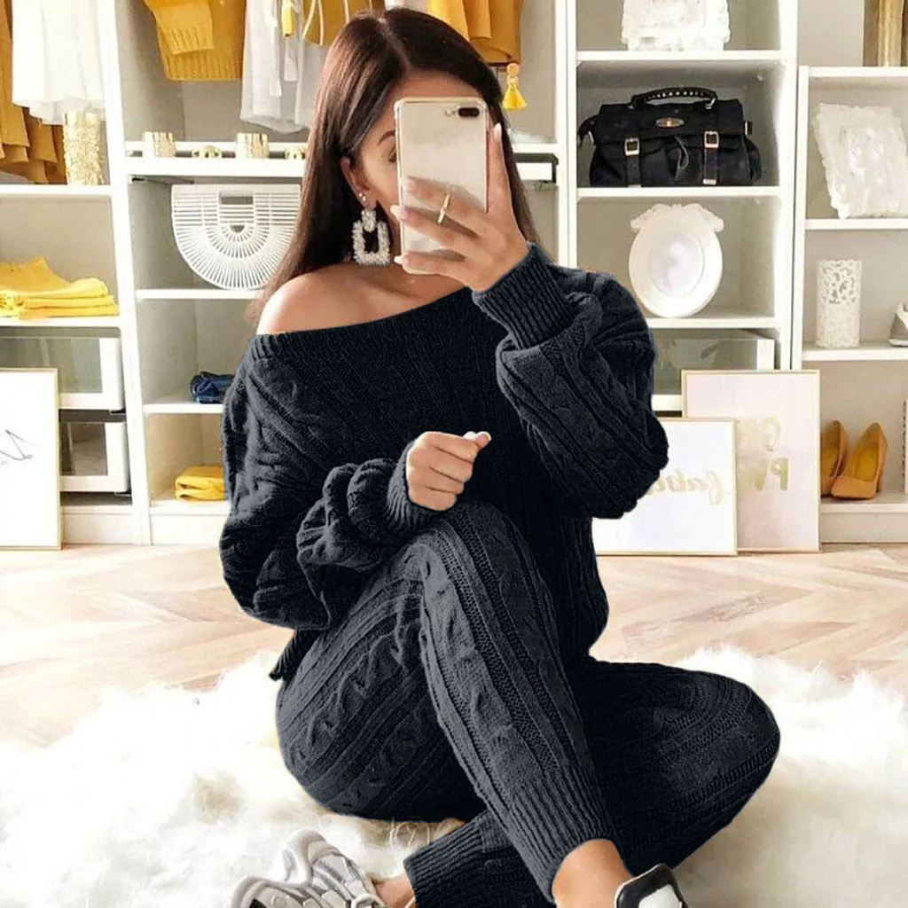 S-3XL Two piece set women's off-the-shoulder solid color suit sweater 2PC cable knit warm casual wear suit