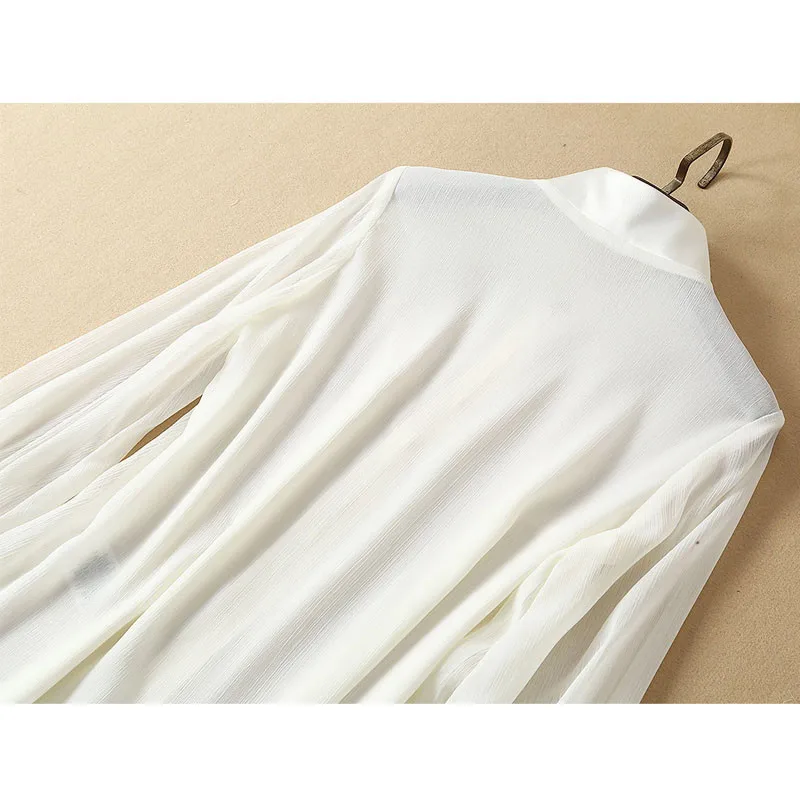 Модный костюм на весну и лето рубашка из гладкого шелка с длинными рукавами и стоячим воротником+ сетчатая большая свободная юбка Женский комплект 2 шт