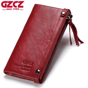 

GZCZ Genuine Leather Women Long Wallet Female zipper clamp for money Clutch Coin Purse Card Holder Portomonee Small Vallet