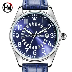 HANNAH Martin Элитный бренд для мужчин часы спортивные пилот водонепроницаемые кварцевые часы наручные кожа Relogio Masculino календари