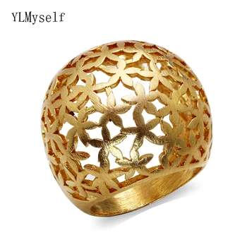 

Satin-Gold color plated Big Hollow flower design ring Beautiful Party Brass jewelry for women Big rings